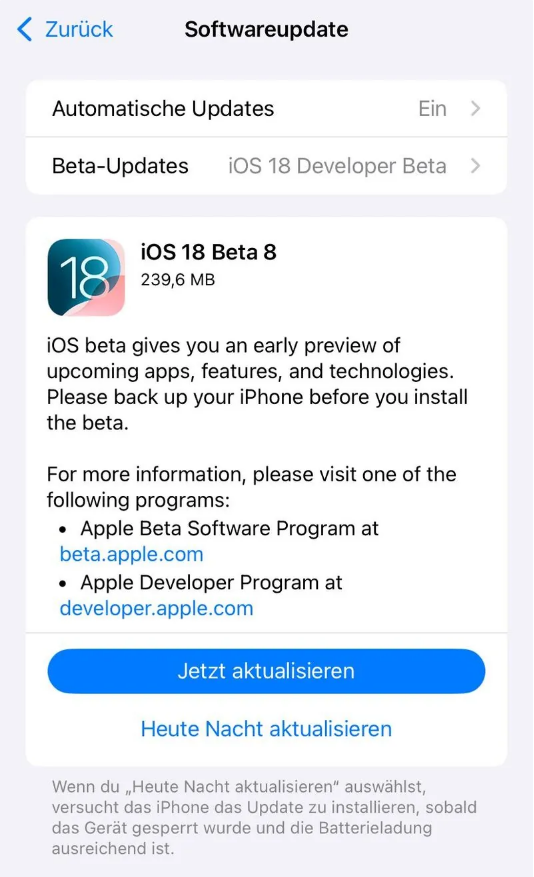 临清苹果手机维修分享苹果 iOS / iPadOS 18 开发者预览版 Beta 8 发布 